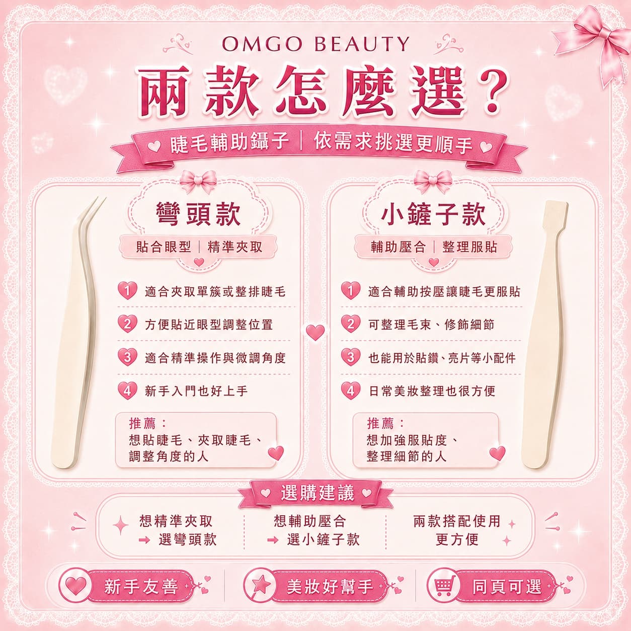 OMGO BEAUTY 睫毛輔助鑷子｜彎頭款／小鏟子款 多色可選