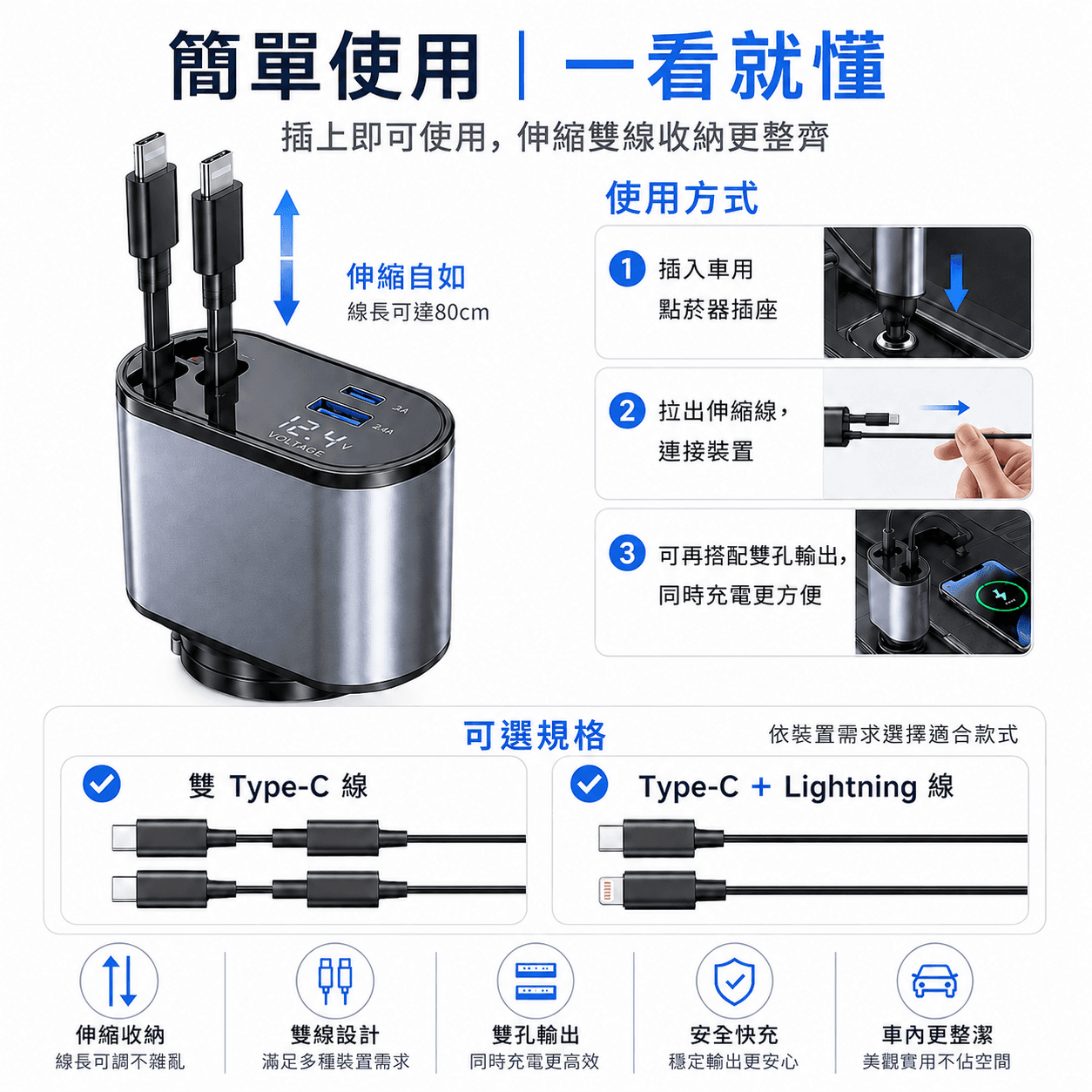 120W 車充 自帶Type-C+Lightning 伸縮線 自動收納 雙孔快充 USB點煙器 雙USB快充